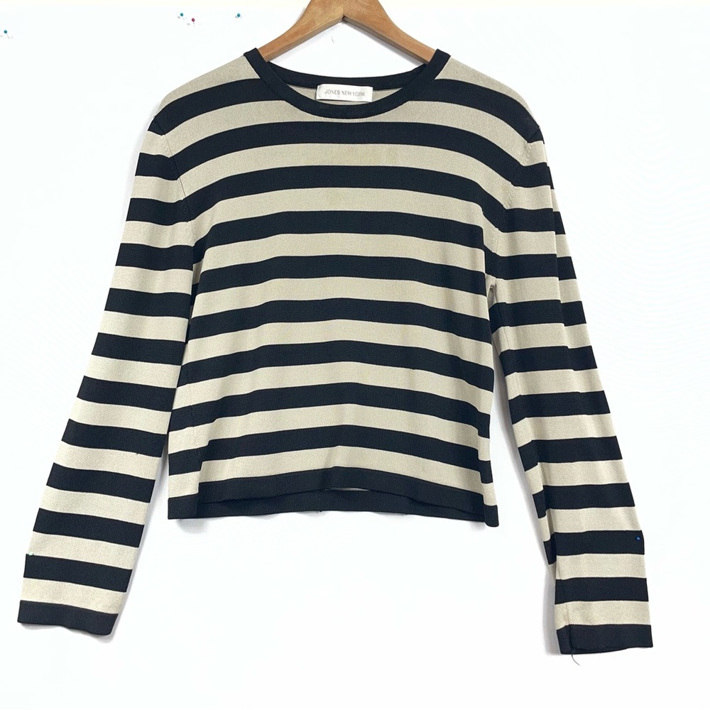JNY Classic Preppy Striped Knit Sweater Contemporary Minimal Med Tan Top Jumper